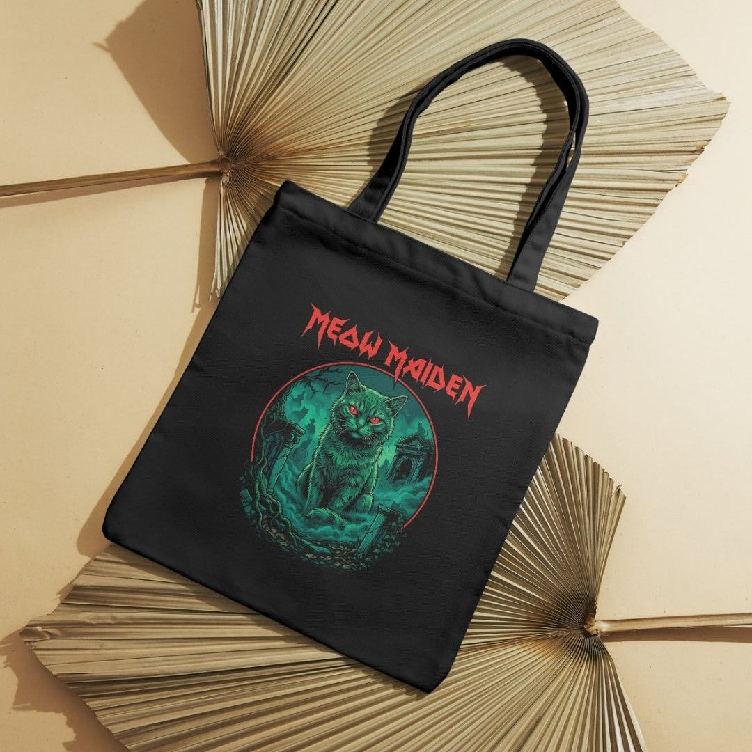 Tote bag preta Meow Maiden com gato verde de olhos vermelhos e design rock